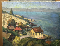 Vintage Oil Painting Landscape Seaside Hillside Home realism Post impressionist