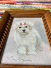 Original Oil Painting Maltese Dog Pink Bow Signed Framed Certified Authentic