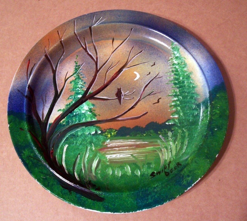 Green HAND PAINTED PLATE Trees Lake Birds Moon Signed – Plate made in Japan