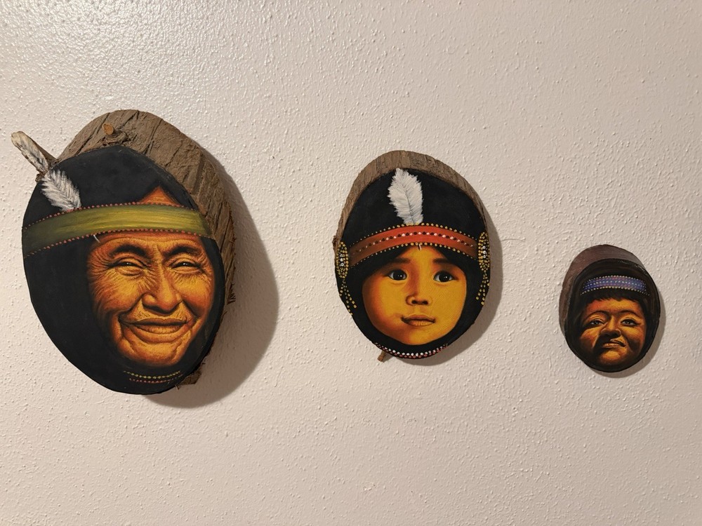 3 Indian Portrait Face Paintings On Wood Hetty Fredrickson Signed 1970s Canada