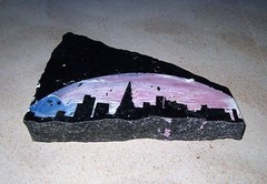 Artist Painted Skyline Scene On Granite Piece One Of A Kind USA 5.75 Inch