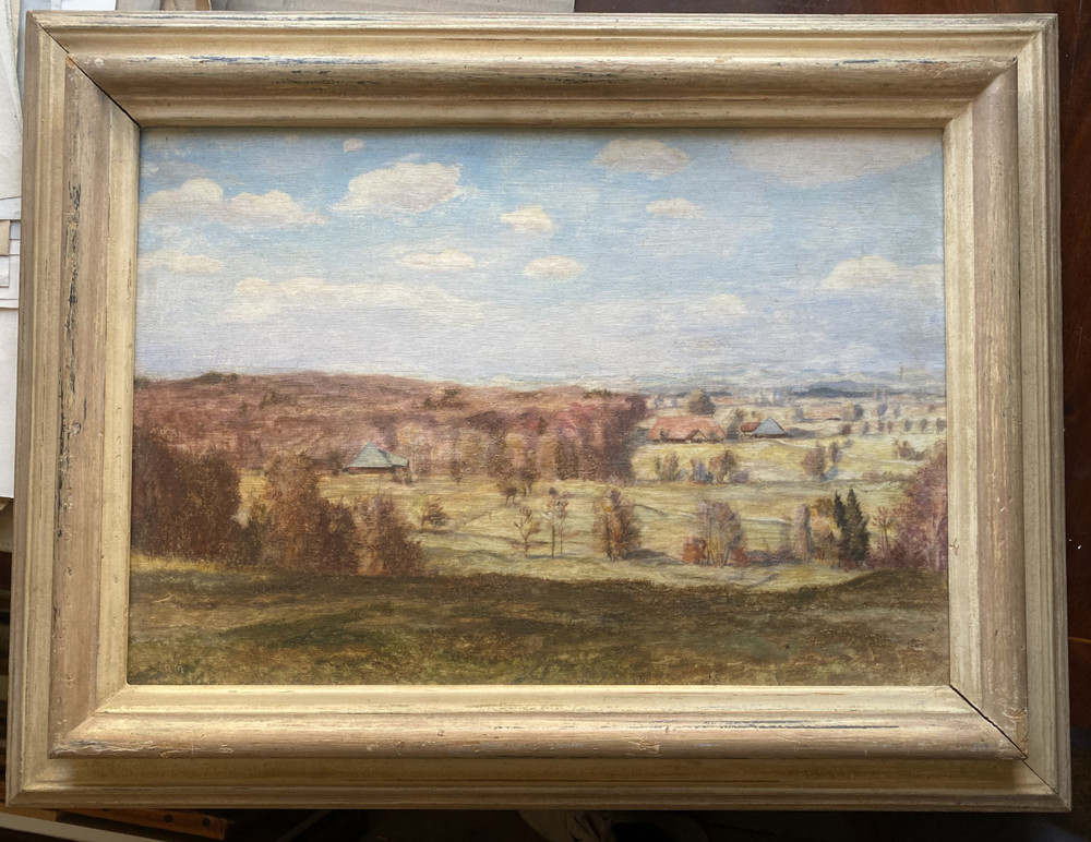 OIL PAINTING MONOGRAM R.M ° IN BEECHGGBERG FRAME ANTIQUE SWITZERLAND MEADOWS HOUSES NATURE