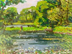 OIL PAINTING, LAKE AT FOREST EDGE, FISHER, FIELDS, ILLEGIBLE CYRILLIC SIGNATURE