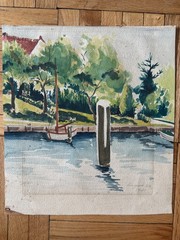 Vintage 1940s Watercolor Painting Landscape Sailboat Lake Docked 12 x 13 1941