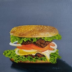 Original Oil Painting Hamburger Burger Food Art on Canvas 12×12 Inches Handmade