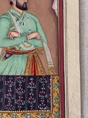 Antique Indian Hand Painted Portrait of Mughal Emperor in Green 3.75″ x 6″
