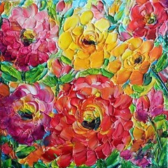 Zinnia Rose Painting 12×12 Colorful Floral Impasto Wall Art Canvas