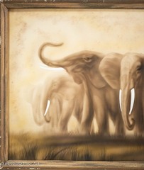 Beautiful Antique Painted Litho Elephant Family Illegibly Signed Framed 19 x 30″