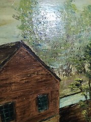 Folk Art Grist Mill Oil on Board Overshot Wheel CT Artist Dorothy E Bardin 1960s