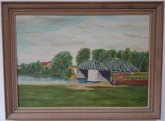 Oil painting artwork with frame painting oil painting lake river forest 1949 year