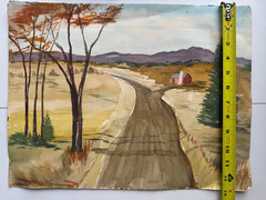 Vintage Watercolor Painting Red Estate Barn Country Road House Field 16″x 13″