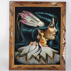 Vintage Ortiz Signed Black Velvet Painting Native American Woman 19″ x 23″
