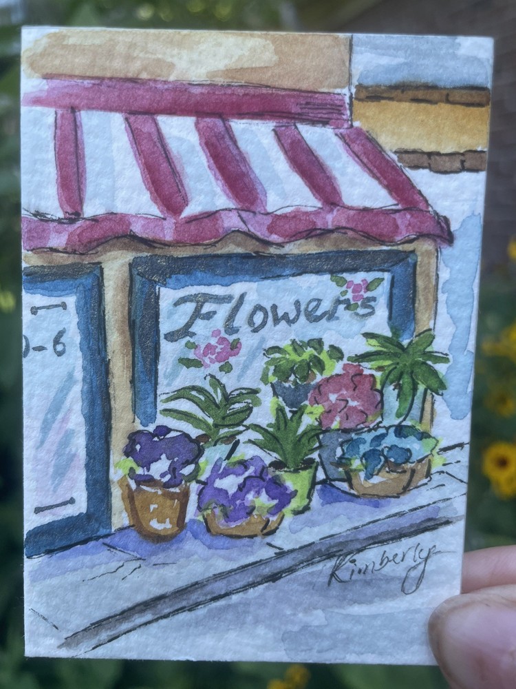 ACEO Original, Flower Shop, Storefront, Watercolor by Kimberly Tyson