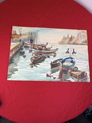 Barcelona Spain Harbor Watercolor Fishing Boats 1962 Coastal Nautical Art