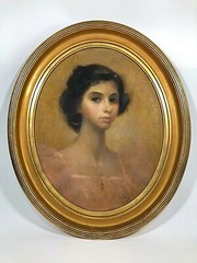Edwardian Era GILT FRAMED 21″x 25″ OIL ON CANVAS BOARD GIRL PORTRAIT PAINTING