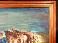 A Man and His Favorite Horses Primitive Oil Painting Signed on Canvas Panel