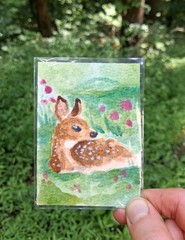 ACEO Hand Painted. Title:’Baby Deer Among The Flowers.‘ Lily Rose Art.