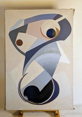 Vintage Modernist mcm Abstract Cubist Biomorphic DOG Painting Interior design