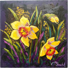 Original Oil Painting Daffodils Flowers Floral Hand Painted Impasto Art 12×12 in