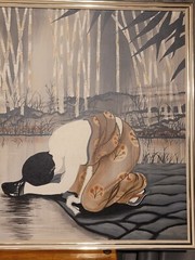 VTG Chinese Women Washing, Bamboo Oil On Canvas Framed Painting Signed 38″ x 46″