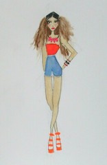 NADINE FASHION GIRL IN HIGH HILLS ORIGINAL WATERCOLOR PAINTING SIGNED