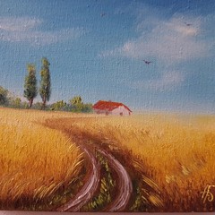 Golden Wheat Field Farmhouse Original Oil Painting Country Landscape Wall Decor