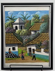 Vintage Folk Art Village Painting Signed Barrientos 2007 Framed Latin Scene 9×12