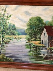 Vintage Oil Painting on Board of Gristmill & Stream Scene, Heinz Erb