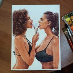 Original watercolor painting. Beautiful girls portrait. Minimalist illustration