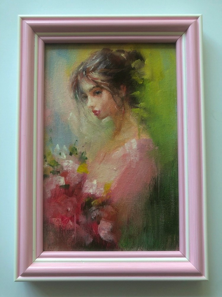 Original Oil Painting in Frame Flowers Girl Miniature 6×4 in