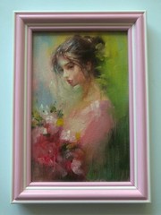 Original Oil Painting in Frame Flowers Girl Miniature 6×4 in