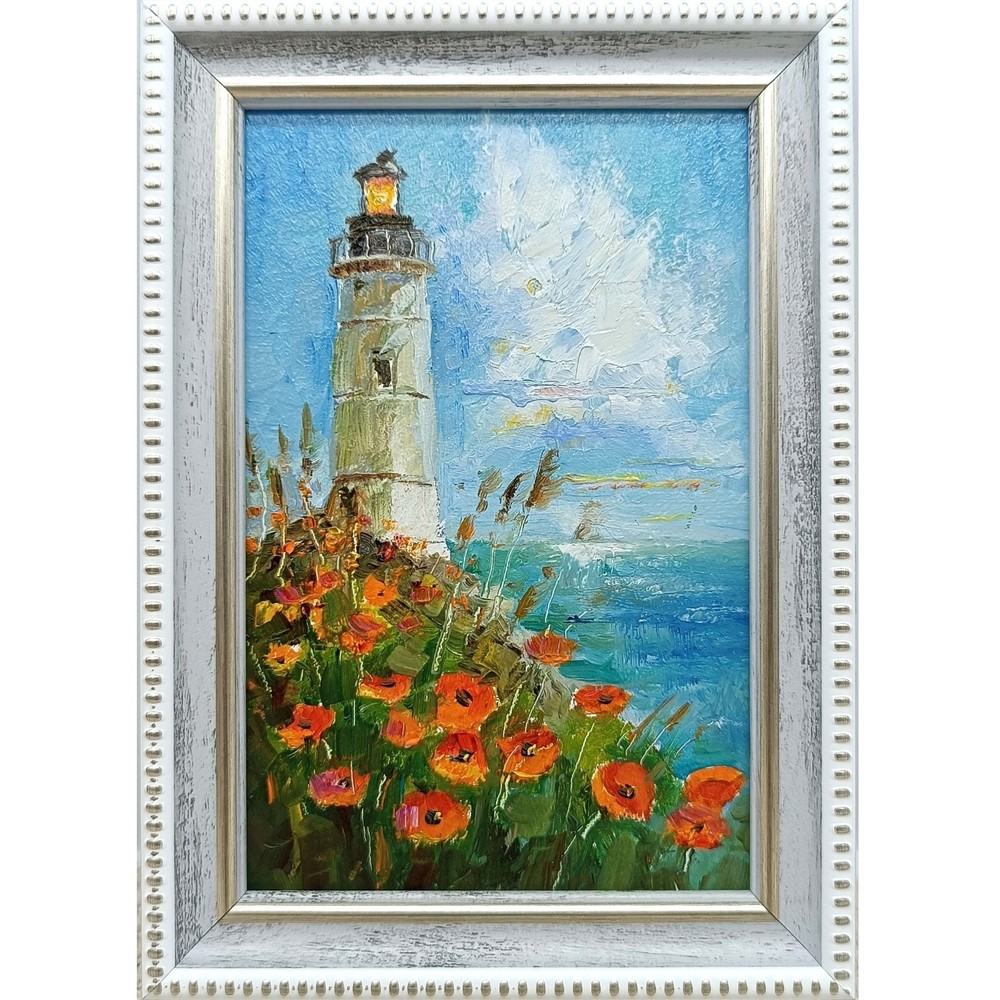 Lighthouse Poppy Oil Painting Original Framed Signed Poppies Impasto Sea Art 6×4