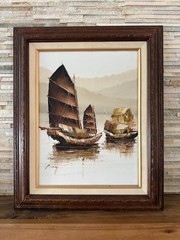Vintage P. Wong Chinese Junk Boats Oil Painting On Canvas Authentic 17″x21″