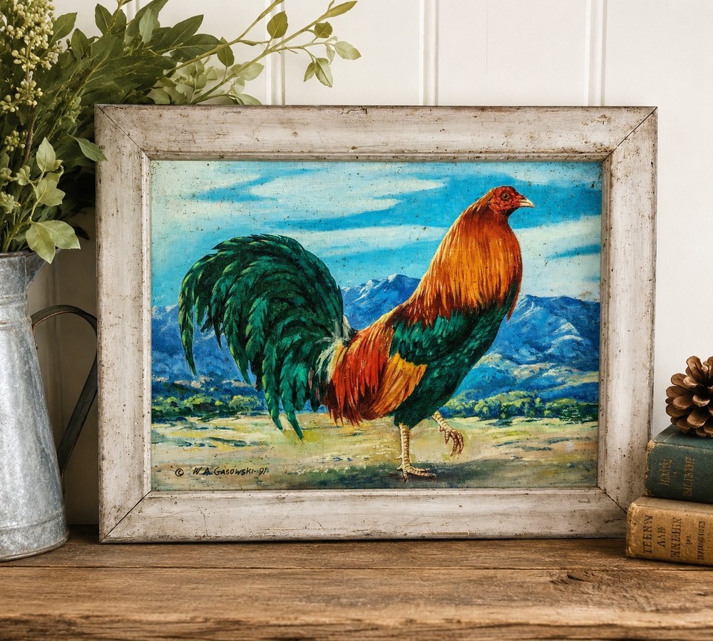 Original W.A. Gasowski 1991 Signed Rooster Painting Framed Folk Art