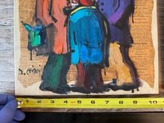 Vintage Jan Clisni Paris 1962 Mixed Media Paintings Pair French Newspaper Art