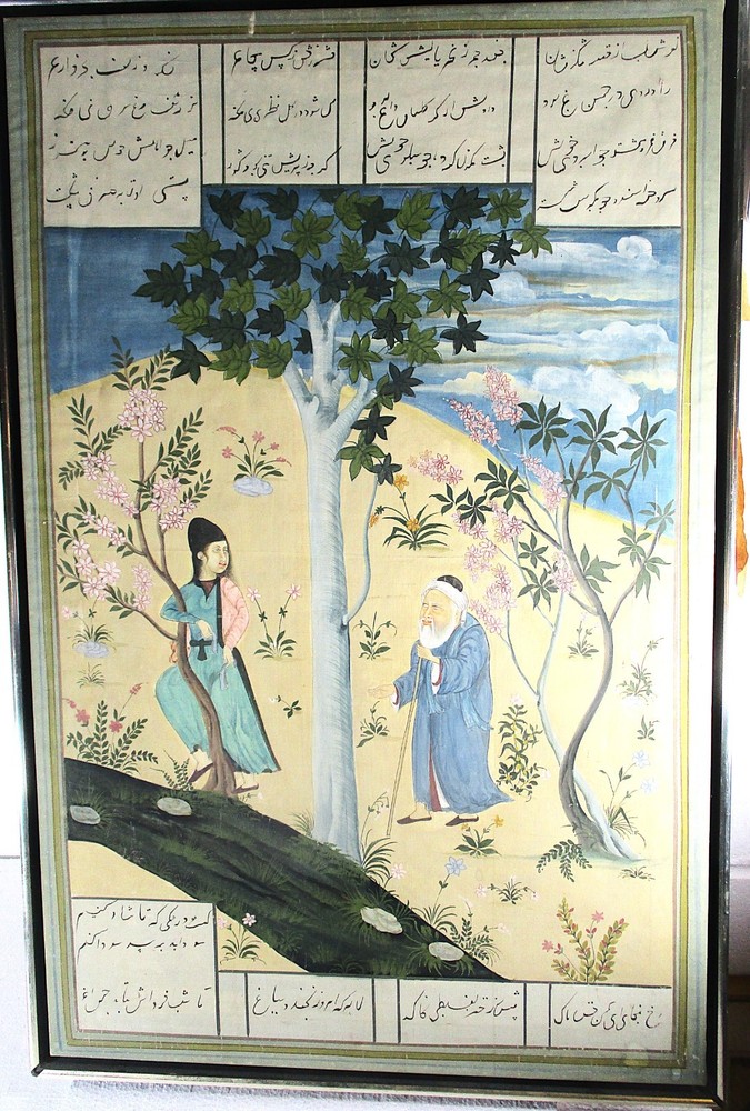 EARLY 20TH C ORIG PERSIAN LARGE PAINTING „OLD MAN ENCOUNTERS A YOUTH“, FINE