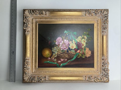 Vintage Original Oil Painting Fine Still Life Basket of Flowers and Fruit Signed