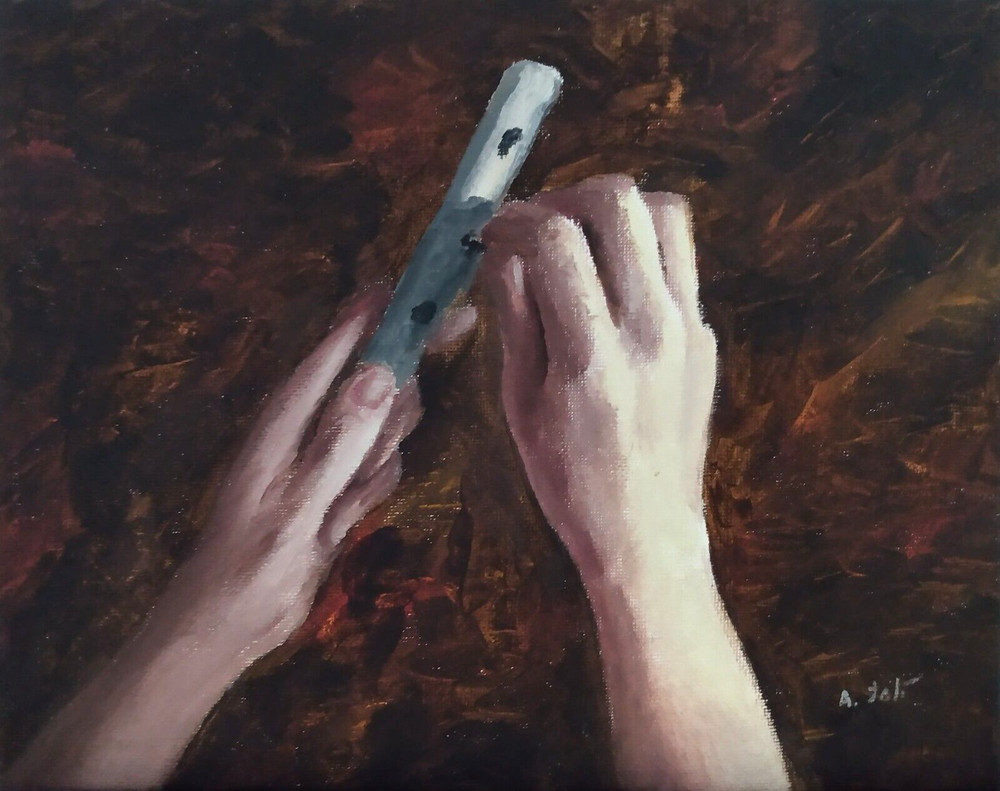 Oil Painting Prehistoric Hands Flute Maker Musical Instrument Art by A. Joli