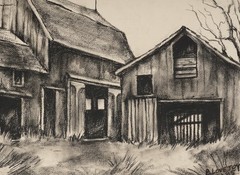 1985 B. Lovejoy Conte Charcoal Painting Vintage Black White Farm House Barn Art