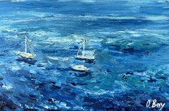 Sailboats Painting Hawaii Original Art Oil Painting Lanai Island 7.5×20″ signed