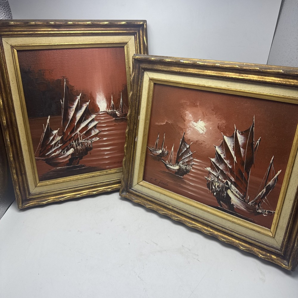 C.K Fang Acrylic Painting Vintage Gold Frame 13″ x 11″ Red Sky Boat Scene Set 2