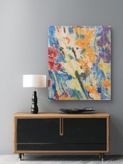 Textured Abstract Blue Yellow Spring Wedding Flowers Canvas Art Original 11×14
