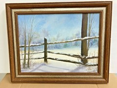 Snow Scene Oil Painting Signed NELSON Country Winter Landscape Original Art