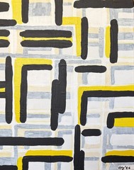 Original Abstract Acrylic Painting Yellow Black Gray Geometric Grid Modern Wall