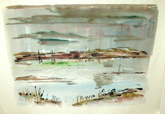 ALFRED BIRDSEY ORIGINAL WATERCOLOR BERMUDA FISH BOAT TOWN SEASCAPE PAINTING