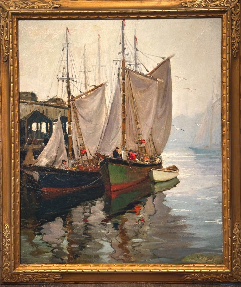 Anthony Thieme Oil Painting Mackerel Fleet Cape Ann Maritime Scene 30×36