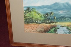 Original Water Color Painting Tribal Village Scene Trees Men Fishing Framed