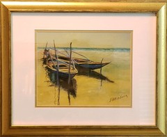 On sunset. Original matted and framed pastel on paper 18×28 cm painting