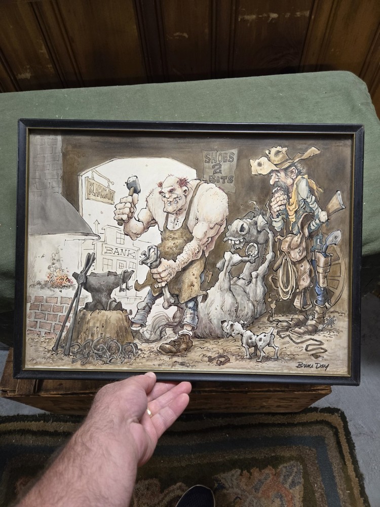 COWBOY Watercolor PAINTING DRAWING BRUCE DAY LISTED AMERICAN WESTERN 1960’S RARE