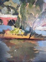 FRED D PENNY ST MARYS SEMINARY BRIDGE ILLINOIS LANDSCAPE VINTAGE OIL PAINTING